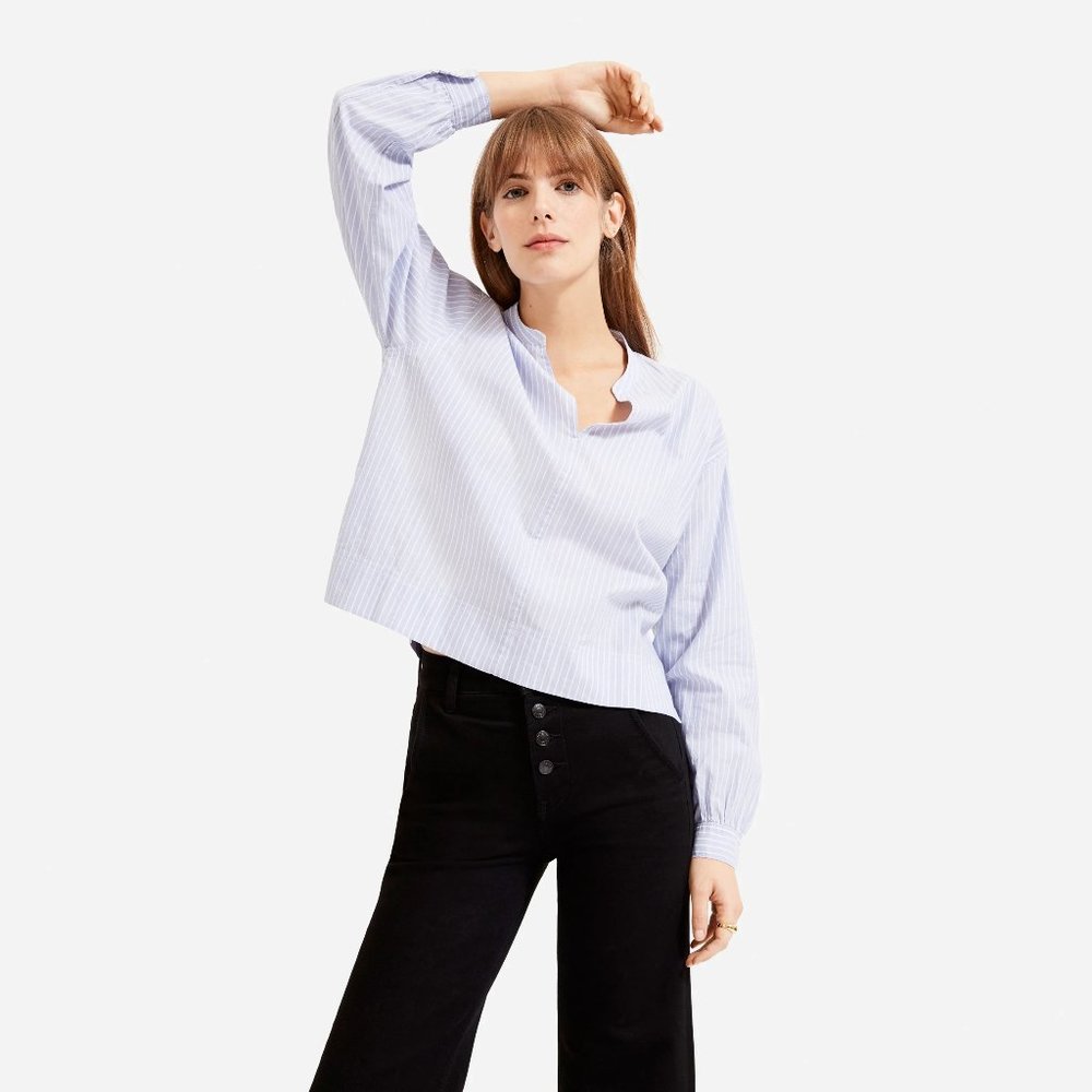 Everlane Silky Cotton Split-Neck Blouse Light Blue Stripe